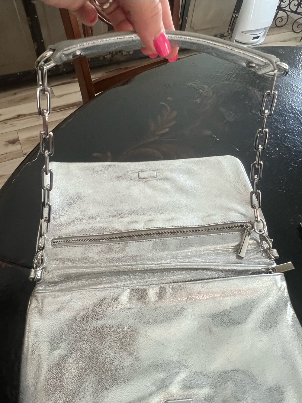 Tory Burch Reva Metallic Silver Leather Logo Clutch Shoulder Bag - Picture 14 of 15